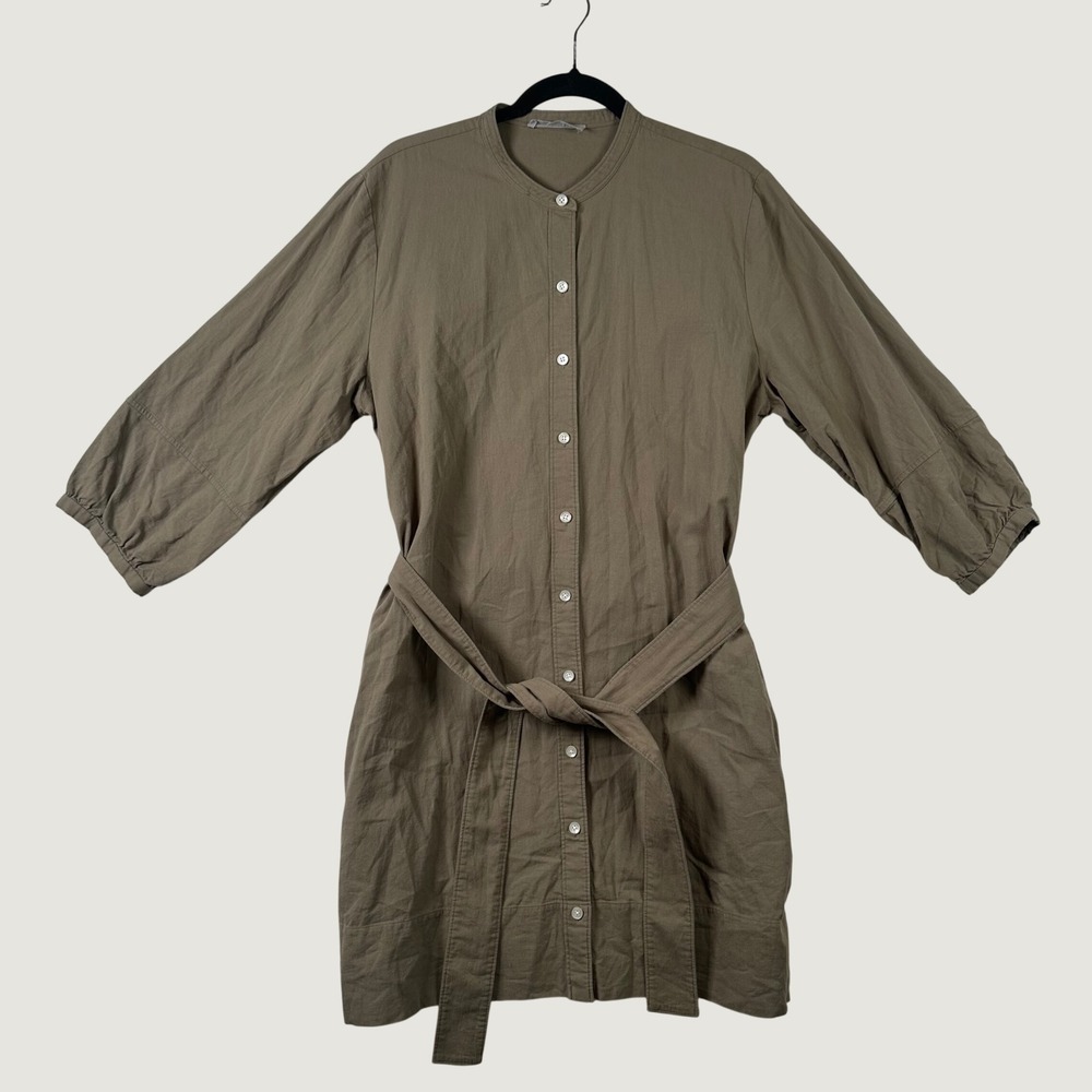Everlane Shirt Dress Womens 14 Band Collar Belted Cotton Mini Olive Drab Pockets